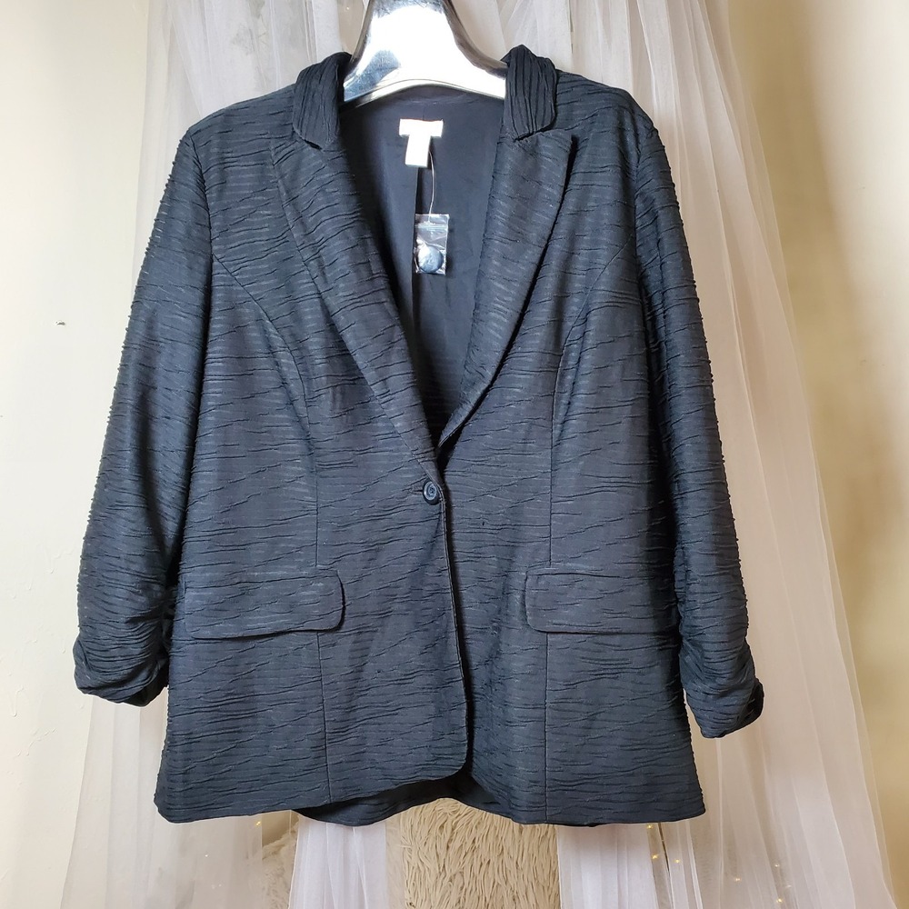 Chico's Retro 80s Boxy Black Textured Button Front Blazer Size 2/L Whimsigoth